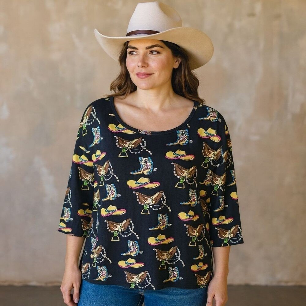 Vintage Y2K Western Sequin Cowgirl Graphic Top Tee Black XXL Collections ETC Fun